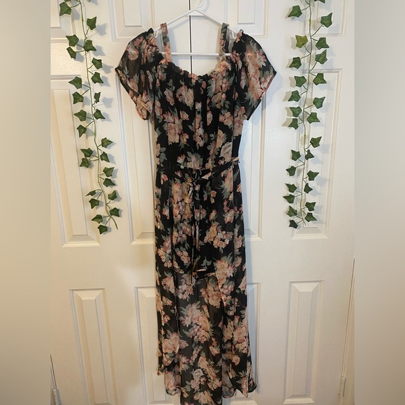 Floral Romper with Sheer Overlay | L | Off-Shoulder, Detachable Straps, High-Low - Picture 1 of 13